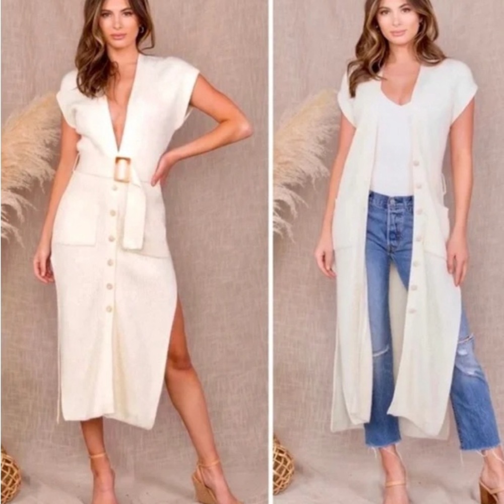 NWT Sleeveless Ivory Cardigan Vest or Knit Maxi Dress with Belt Buckle